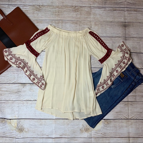 She and Sky Tops - She & Sky Beige & red off-Shoulder blouse